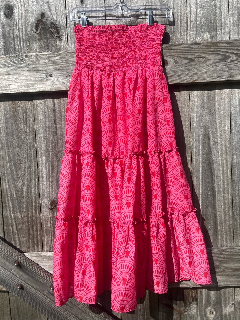 J. Marie Smocked Strapless Tiered Maxi Dress in Hot Pink size XS